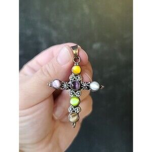 925 Sterling Silver Cat's Eye Cross Pendant Vintage Mexico